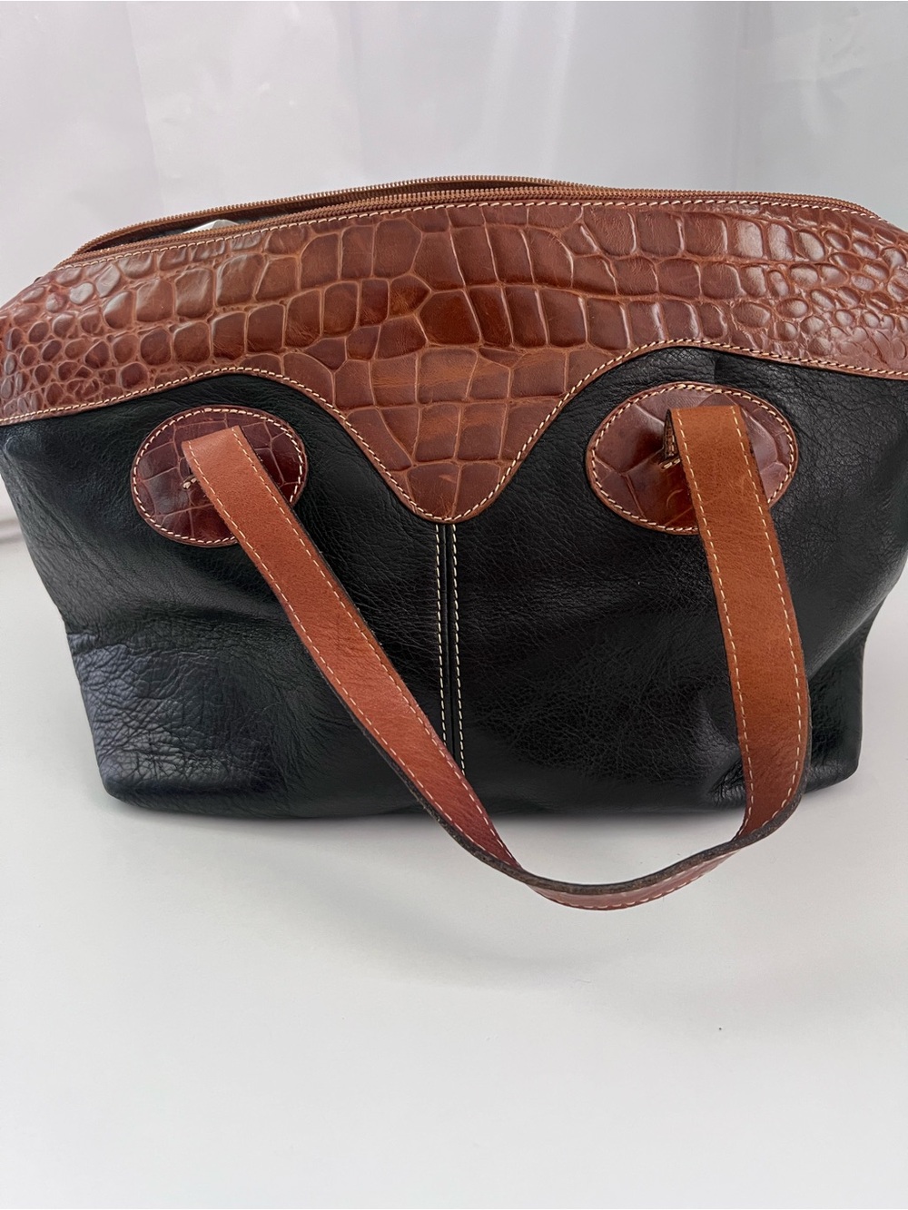 Black and Brown Croc-Trim Leather Tote